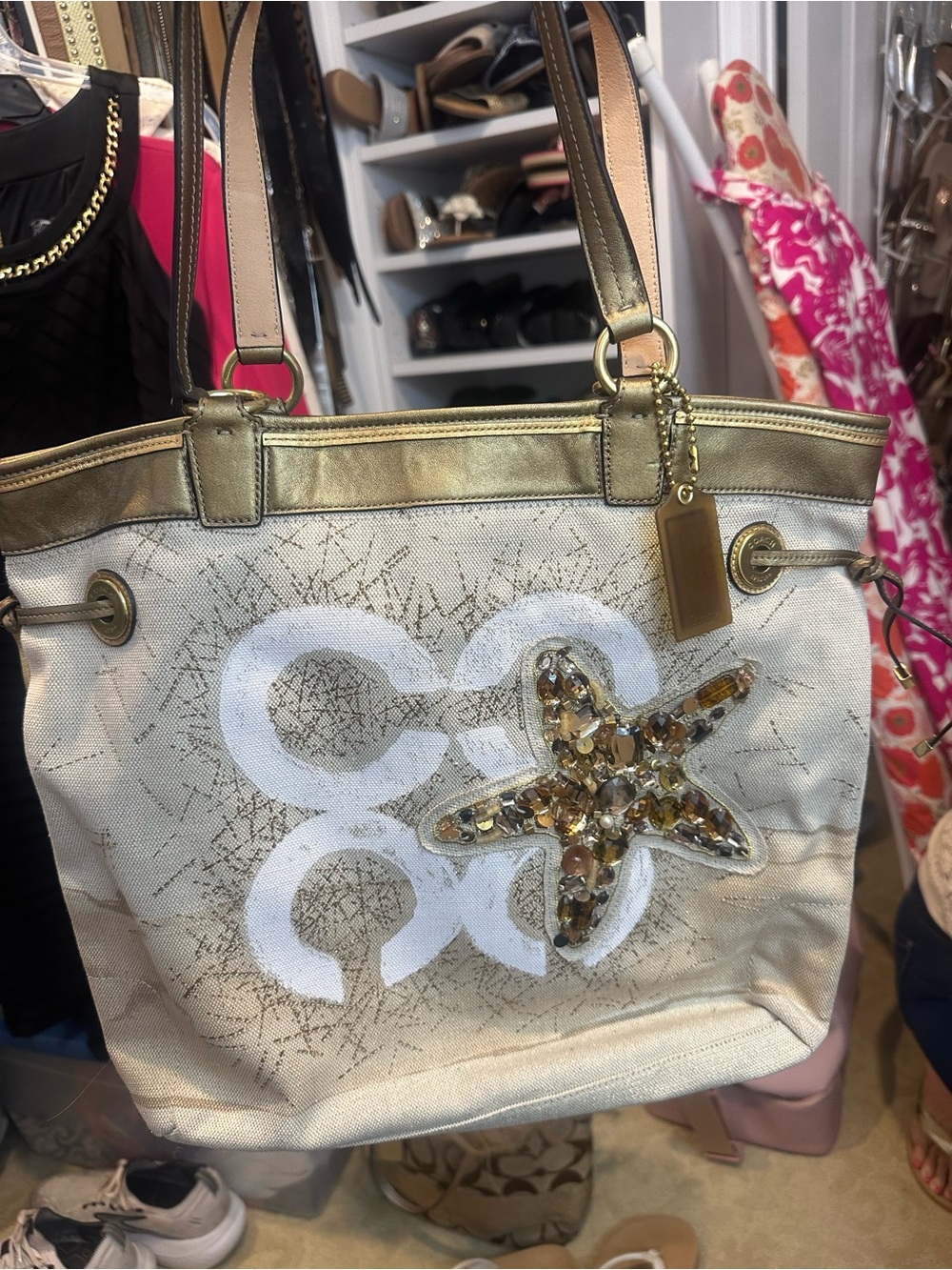 Coach Gold and Cream Embellished Tote with Jeweled Star Detail